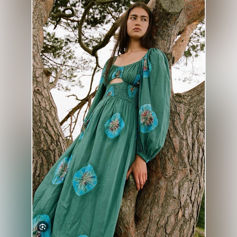 Sea NY Lourdes Long Sleeve Tie Dye Cotton Maxi Coachella Festival Dress Green 00
